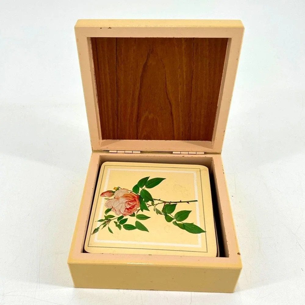 Vintage Botanical Rose Coaster Set of 6 Cottagecore Wooden Storage Box Cork Back
